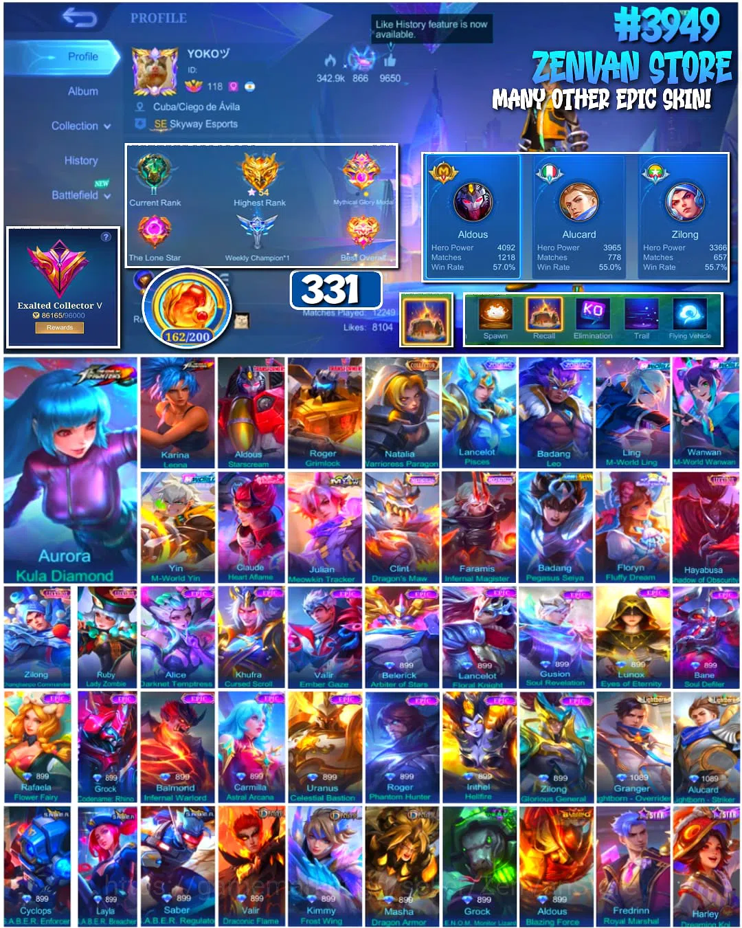 Mobile Legends: Bang Bang Accounts #3949 | 331 Skins | Collector Natalia | Transformer Roger & Granger | KoF Aurora & Karina 1