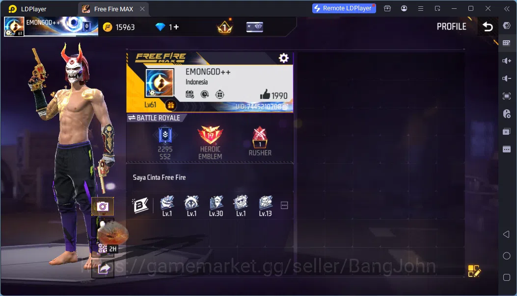 Free Fire Accounts Indonesia | 2 EVO (AK47 Lv3,MP5 Lv3)| M1887- Mamba Gnaw,2 More| Electrify Bunny Backpack| Naruto Bundle 1