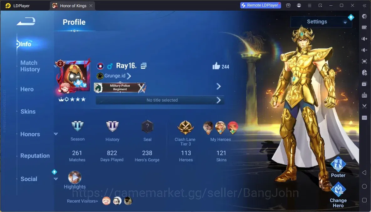Honor of Kings Accounts Rare Skin Global|113H 121S|1 Sanxingdui|1 Saint Seiya |3 Legend | Lny DaQiao|Bleach Hou Yi|AOT 1