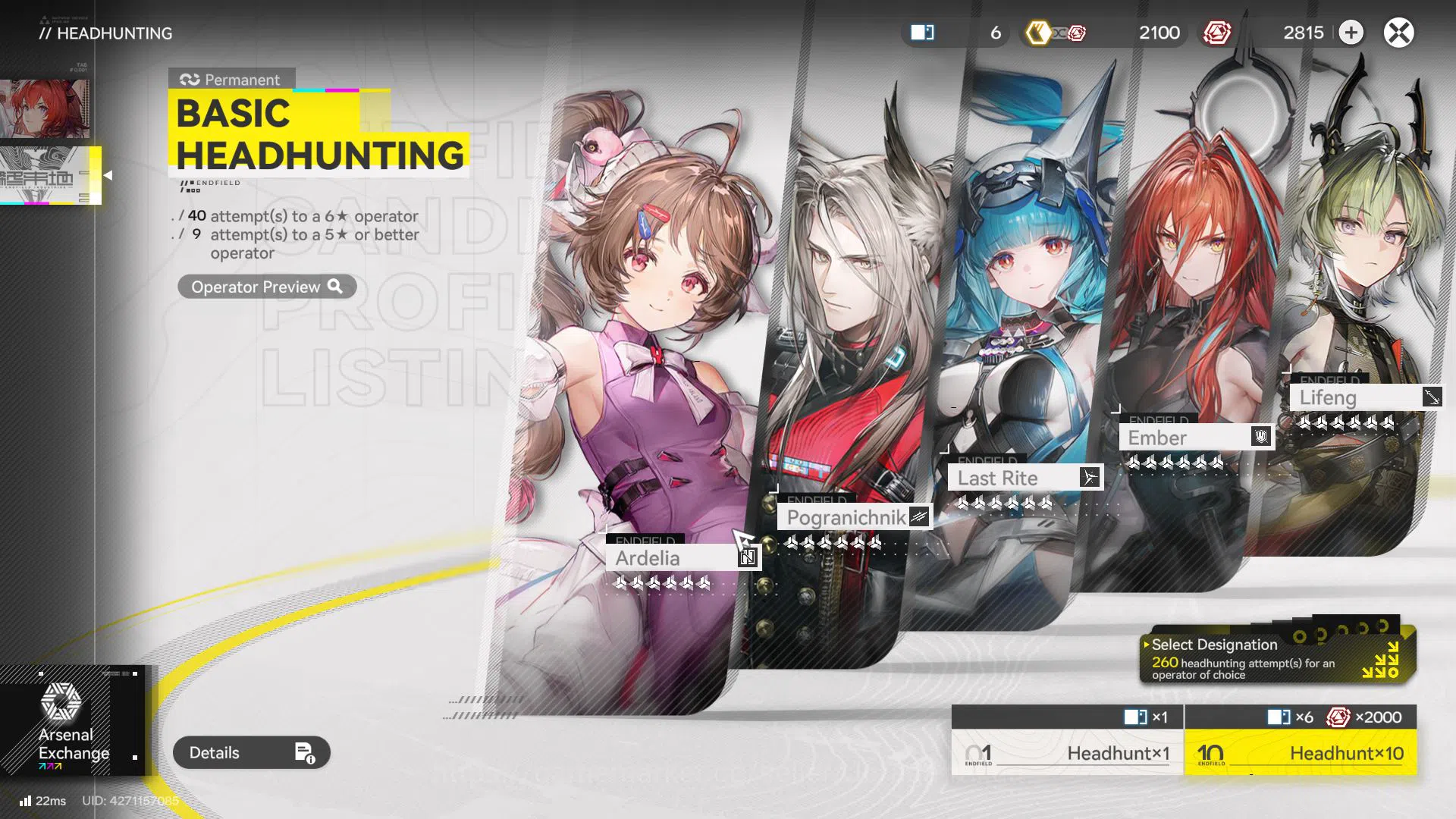 Arknights: Endfield Accounts Asia Lv 19|3 SSR(Laevatain, Lifeng, Ardelia) + 2 W6(Starry Beach, Chivalric) + 9 SR Char|2k 6