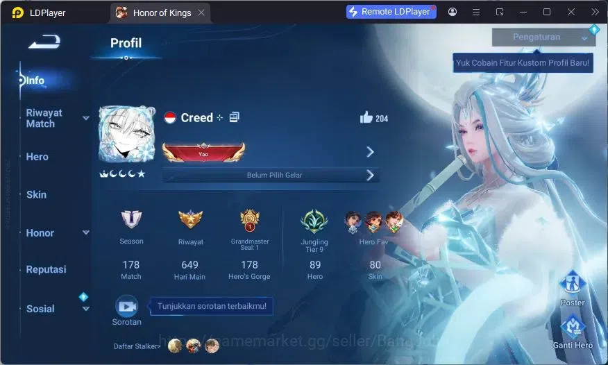 Honor of Kings Accounts Global | 89H 80S | LEGEND Musashi, KAC Luna, LOM G image 2
