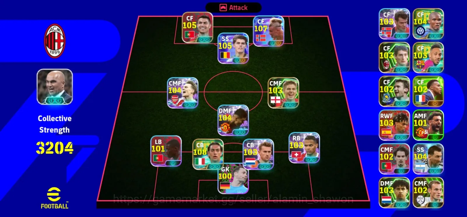 eFootball Accounts Legends & Iconic Players eFootball AC Milan Account 3204 Strength | 108 CB | 107 CF | Premium Squad 1