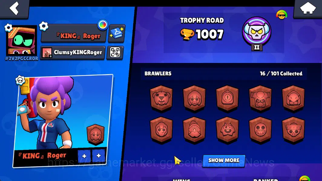 Brawl Stars Accounts 1007 Trophy |16 Brawlers 3 MAX Lvl (Shelly,Penny,Angelo) | 1 Epic (Royale Trunk) 1 SR (PSG Shelly)|CN 3