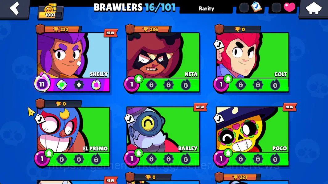 Brawl Stars Accounts 1007 Trophy |16 Brawlers 3 MAX Lvl (Shelly,Penny,Angelo) | 1 Epic (Royale Trunk) 1 SR (PSG Shelly)|CN 8