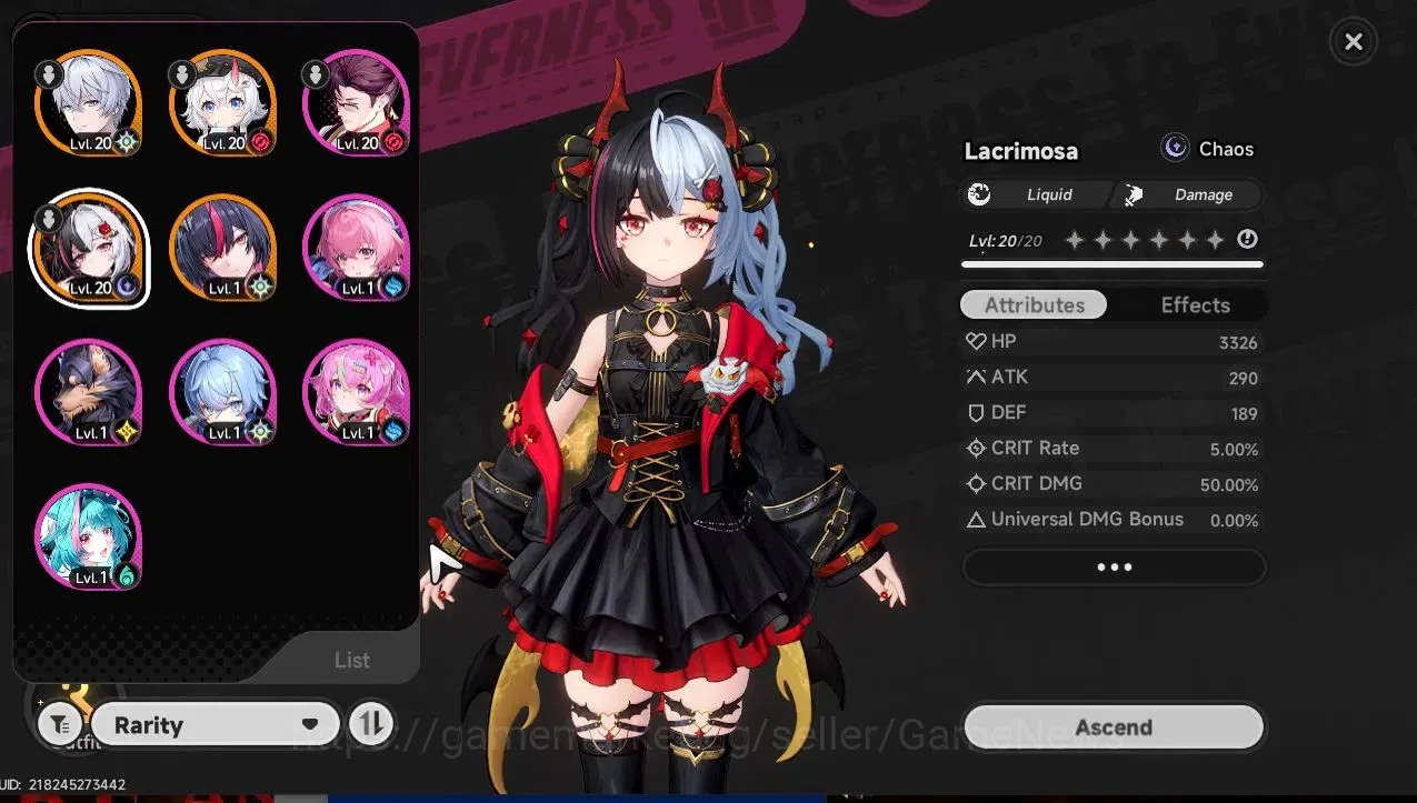 Neverness to Everness Accounts SEA|HL 8|3 SSR 2 Limited (Lacrimossa+Ourfit,Shinku)+Std (Sakiri)|2 S Class Selector ON|Orchid 1