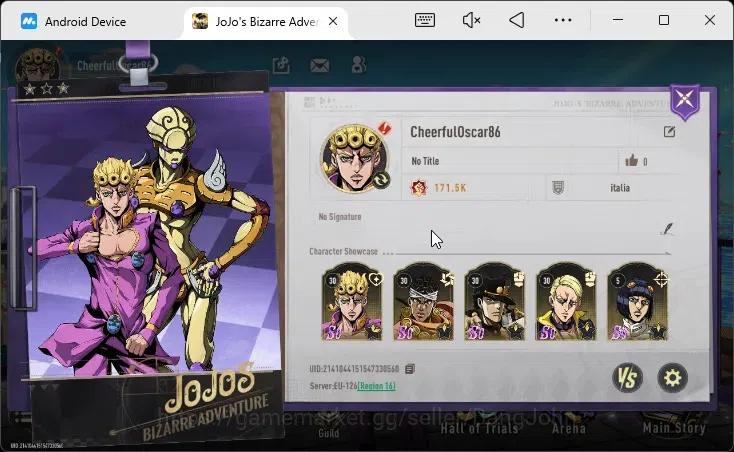 JoJo’s Bizarre Adventure: All Star Battle R Accounts Europe | 6 SSR | Jotaro K, Giorno G B1, Prosciutto, M Avdol, ETC | 7,3k 1