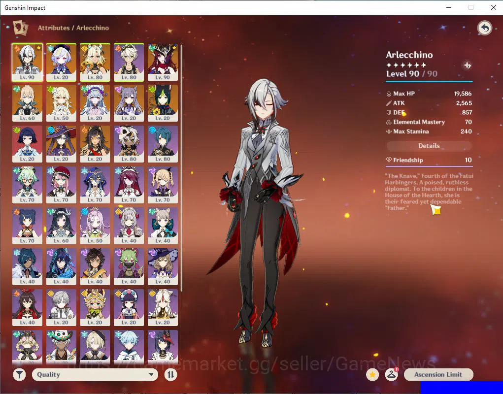 Genshin Impact Accounts Mid Game ASIA|AR 56|3 limited +5(*5Weapon)| {Arlecchino C5+Sign},Xilonen,Chasca |MC 3
