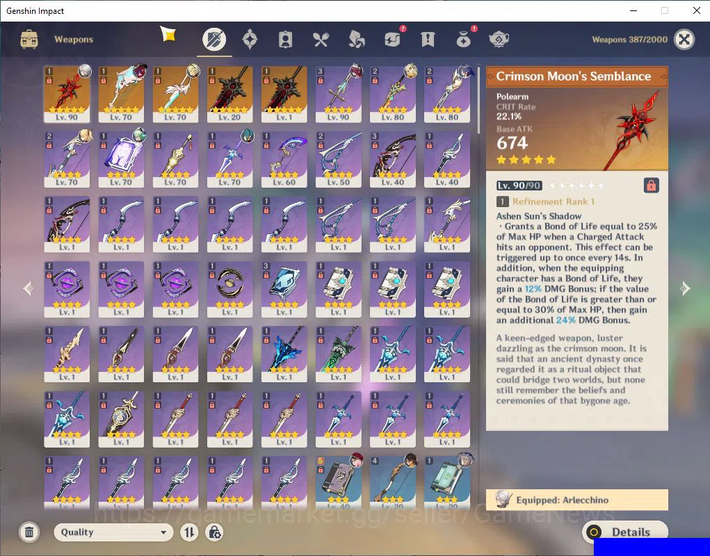 Genshin Impact Accounts Mid Game ASIA|AR 56|3 limited +5(*5Weapon)| {Arlecchino C5+Sign},Xilonen,Chasca |MC 5