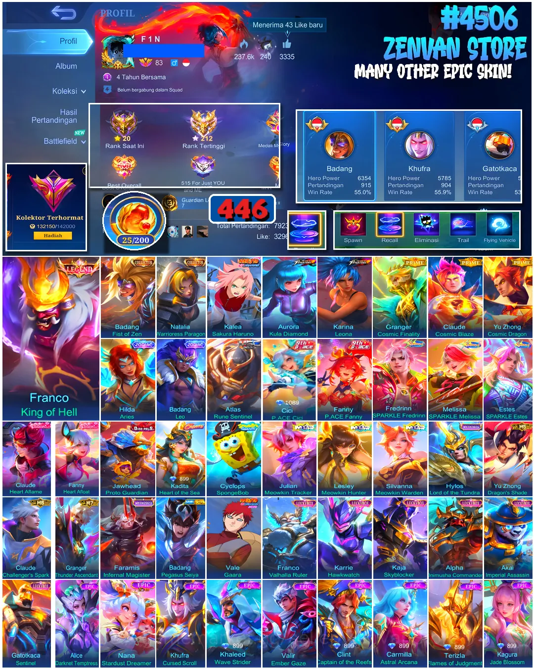 Mobile Legends: Bang Bang Accounts #4506 446 Skins | Franco King of Hell (LEGEND) | Kalea Sakura Haruno (NARUTO) | Vale 1