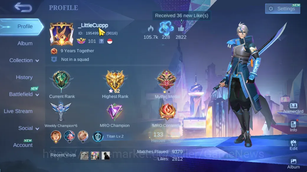 Mobile Legends: Bang Bang Accounts Collector Hero 133|Skin 299|Ex Glory 62|Karina KOF,Roger TFormer,Ling MWorld,Chou 1