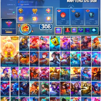 Mobile Legends: Bang Bang Accounts 🔥 #4137 🔥 💎 308 Skins 👑 Prime Beatrix Stellar Brilliance ⚔️ Renowned Collector II