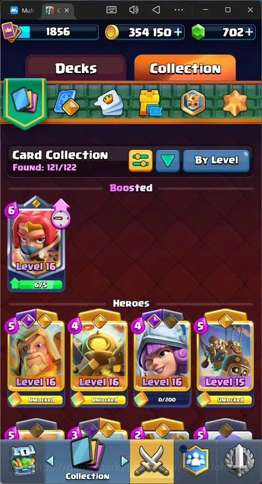 Clash Royale Accounts High-End Global |CL 1856|KTL 16|Trophy 13527|26 MAX|8 Champ|8 Hero|28 EVO|Arena 32|354K Gold|702 16