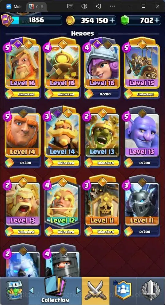 Clash Royale Accounts High-End Global |CL 1856|KTL 16|Trophy 13527|26 MAX|8 Champ|8 Hero|28 EVO|Arena 32|354K Gold|702 17