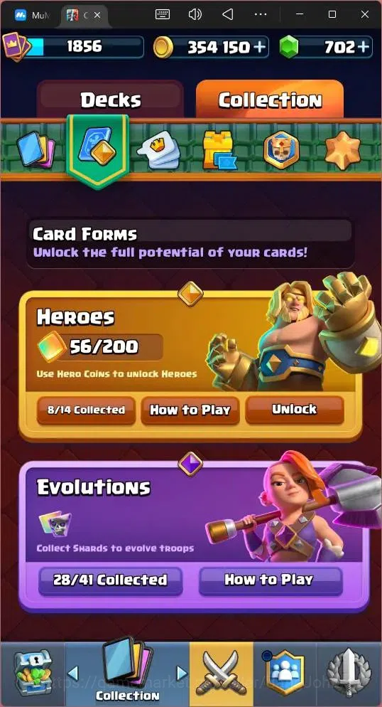 Clash Royale Accounts High-End Global |CL 1856|KTL 16|Trophy 13527|26 MAX|8 Champ|8 Hero|28 EVO|Arena 32|354K Gold|702 19