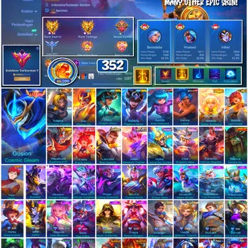 Mobile Legends: Bang Bang Accounts 🔥 #4109 🔥 💎 352 Skins 👑 Legend Gusion Cosmic Gleam ⚔️ Exalted Collector V ⭐ Collector