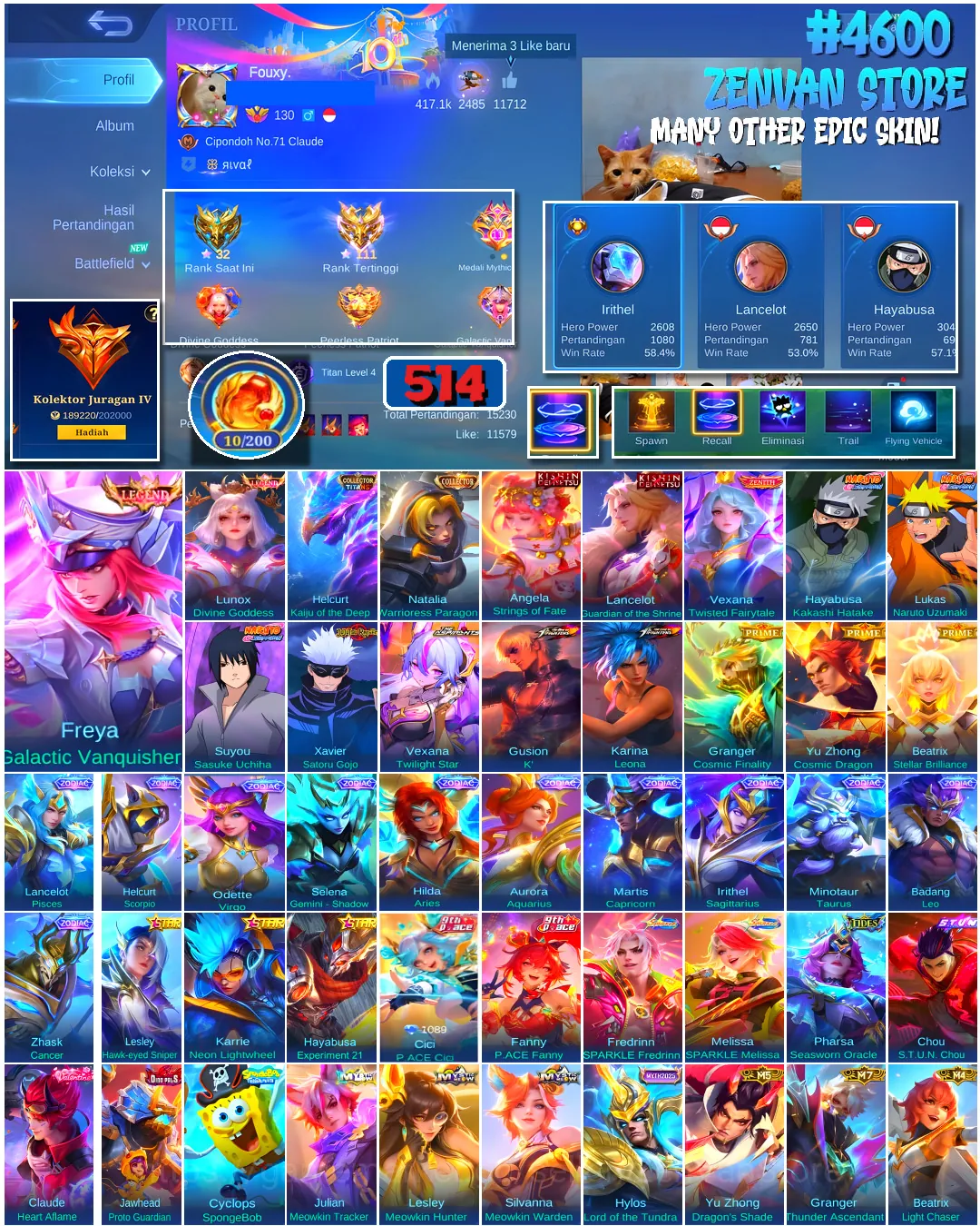 Mobile Legends: Bang Bang Accounts #4600 514 Skins | Freya Galactic Vanquisher (LEGEND) | Lunox Divine Goddess (LEGEND 1
