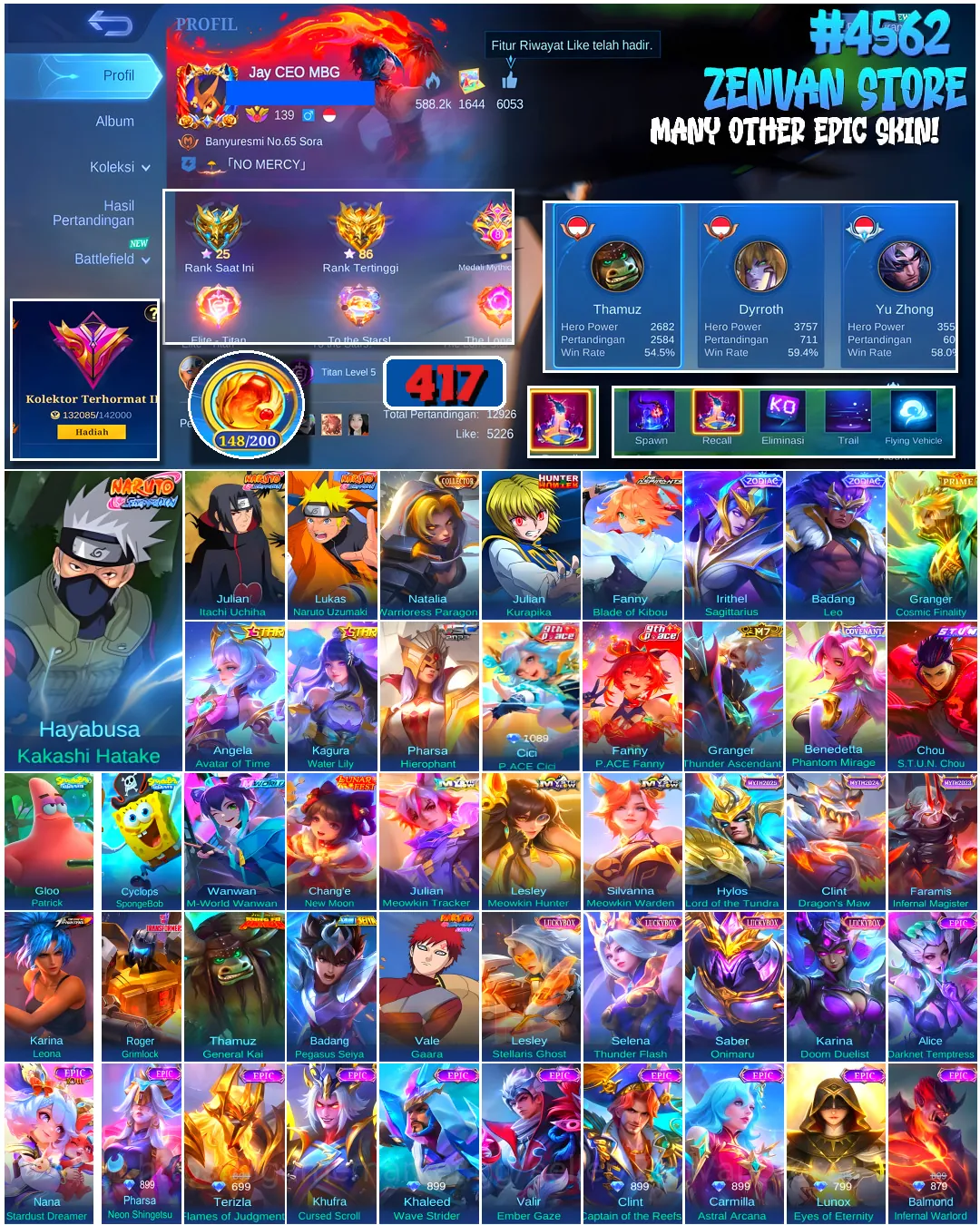 Mobile Legends: Bang Bang Accounts #4562 417 Skins | Hayabusa Kakashi Hatake (NARUTO) | Julian Itachi Uchiha (NARUTO 1
