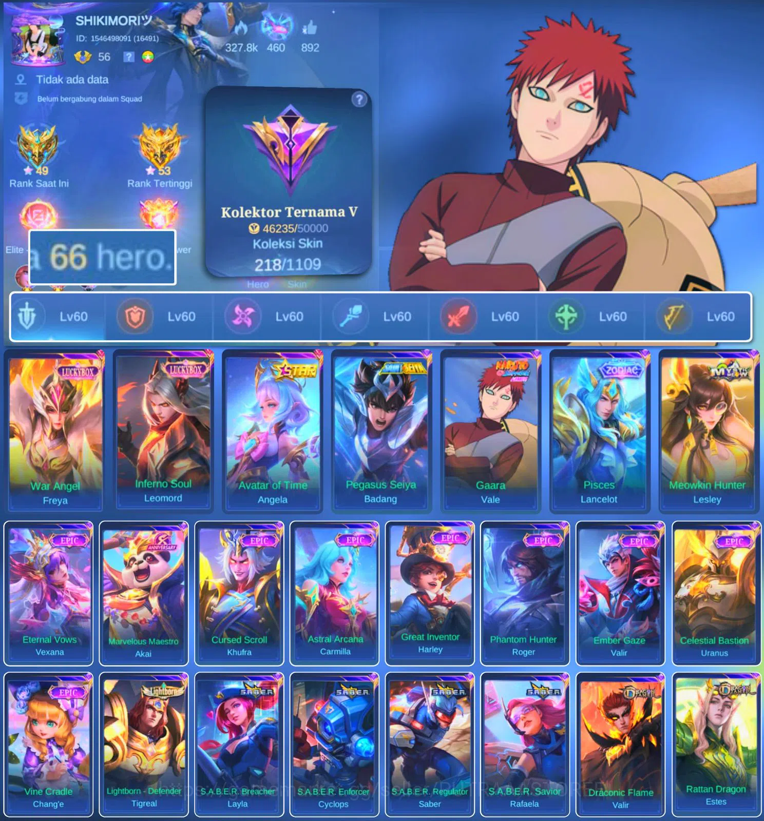 Mobile Legends: Bang Bang Accounts HERO 66 SKIN 218 | EMBLEM ALL MAX| LUCKBOX FREYA | image 1
