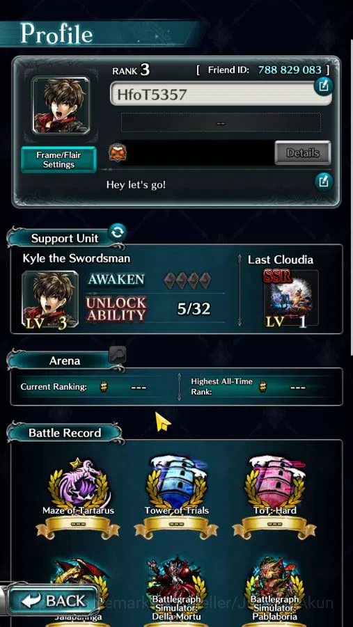 Last Cloudia Accounts Low-End Global|Starter Rank 3|Kyle the Swordsman,MB Rei,Lilebette of the Blaze,Etc| 7 SSR Ark|Code 7