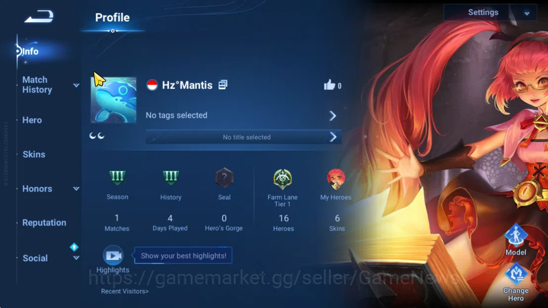 Honor of Kings Accounts Hero 16  Skin 6|Starter with Legend Skin Selection image 2