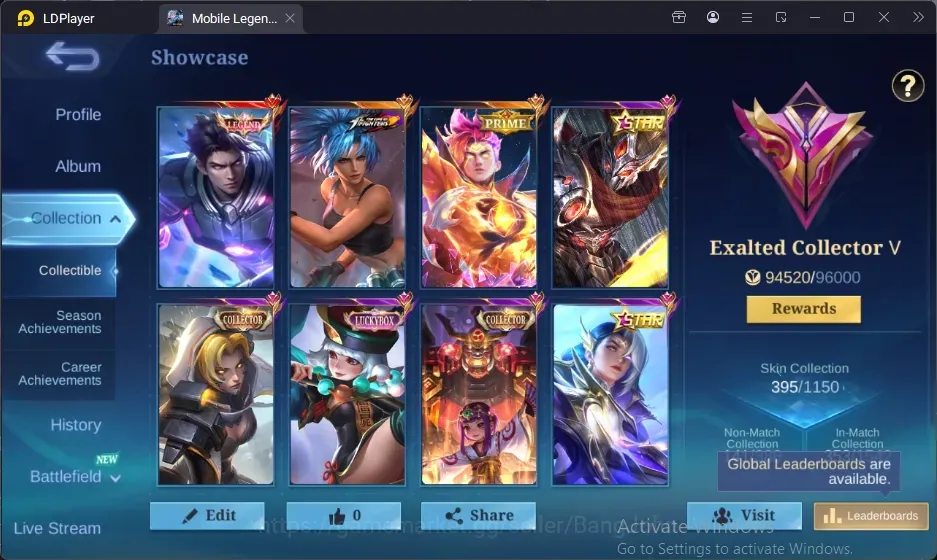 Mobile Legends: Bang Bang Accounts Collector Global|395S|Collector|Legend Alucard,KOF Karina,Prime Claude,Annual 1