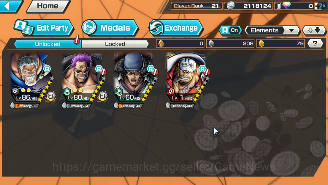 One Piece Bounty Rush Accounts Starter Global| 4 EX| Legendary Hero D.Garp,FILM Z Zephyr,Blackbeard Pirates Kuzan,Navy HQ 4
