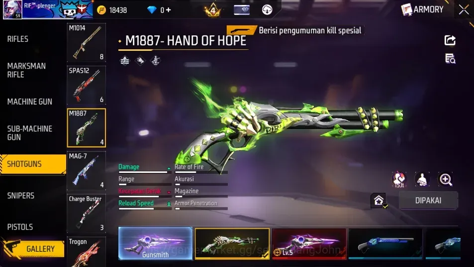 Free Fire Accounts Indonesia | 2 EVO (AK47 Lv7, M1887 Lv5)| M1887- Hand of Hope, 3 More | Electrify Bunny Backpack | Check 1