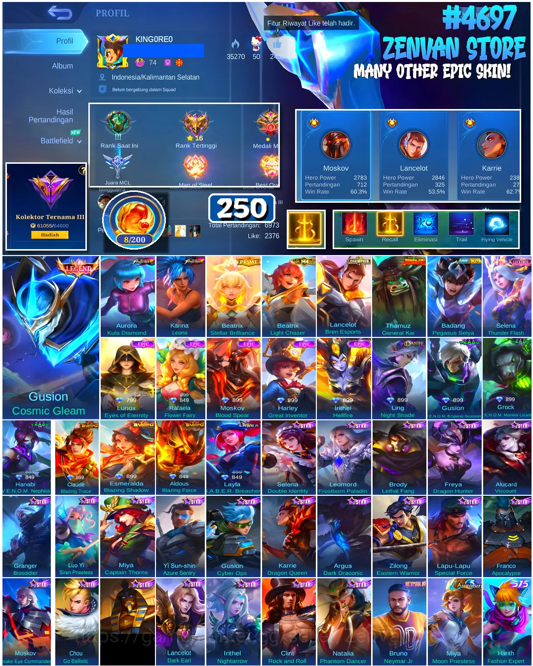 Mobile Legends: Bang Bang Accounts #4697 250 Skins | Gusion Cosmic Gleam (LEGEND) | Aurora Kula Diamond (KOF) | Karina Leona 1