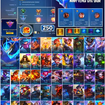 Mobile Legends: Bang Bang Accounts #4697 250 Skins | Gusion Cosmic Gleam (LEGEND) | Aurora Kula Diamond (KOF) | Karina Leona
