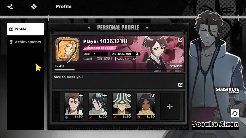 BLEACH: Soul Resonance Accounts NUVERSE SEA|Lvl 40|4 SSR|3 Sign|(Sosuke Aizen B1,Kisuke Urahara)+Stamp,Yoruichi,Byakuya|Log 3