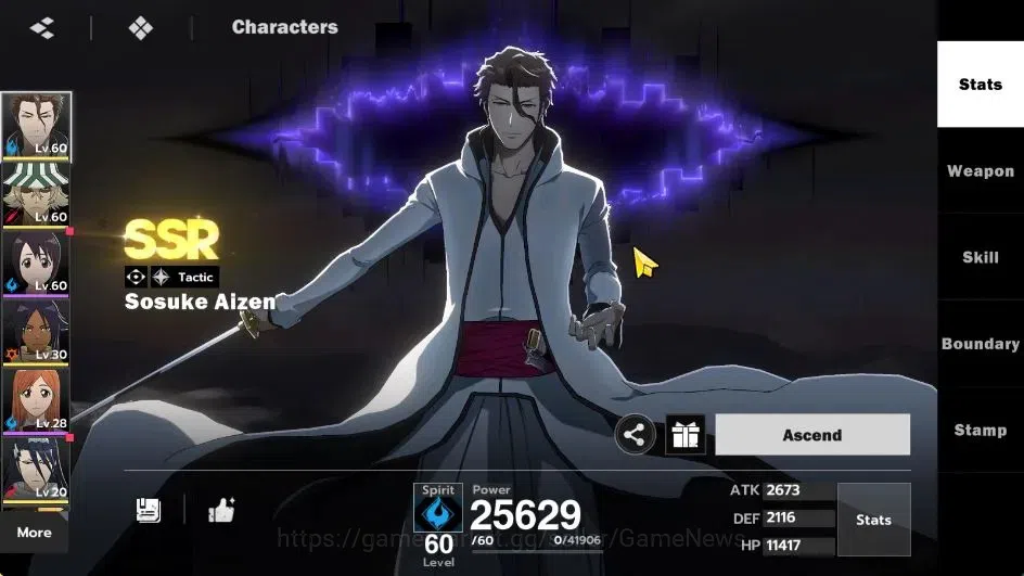 BLEACH: Soul Resonance Accounts NUVERSE SEA|Lvl 40|4 SSR|3 Sign|(Sosuke Aizen B1,Kisuke Urahara)+Stamp,Yoruichi,Byakuya|Log 5