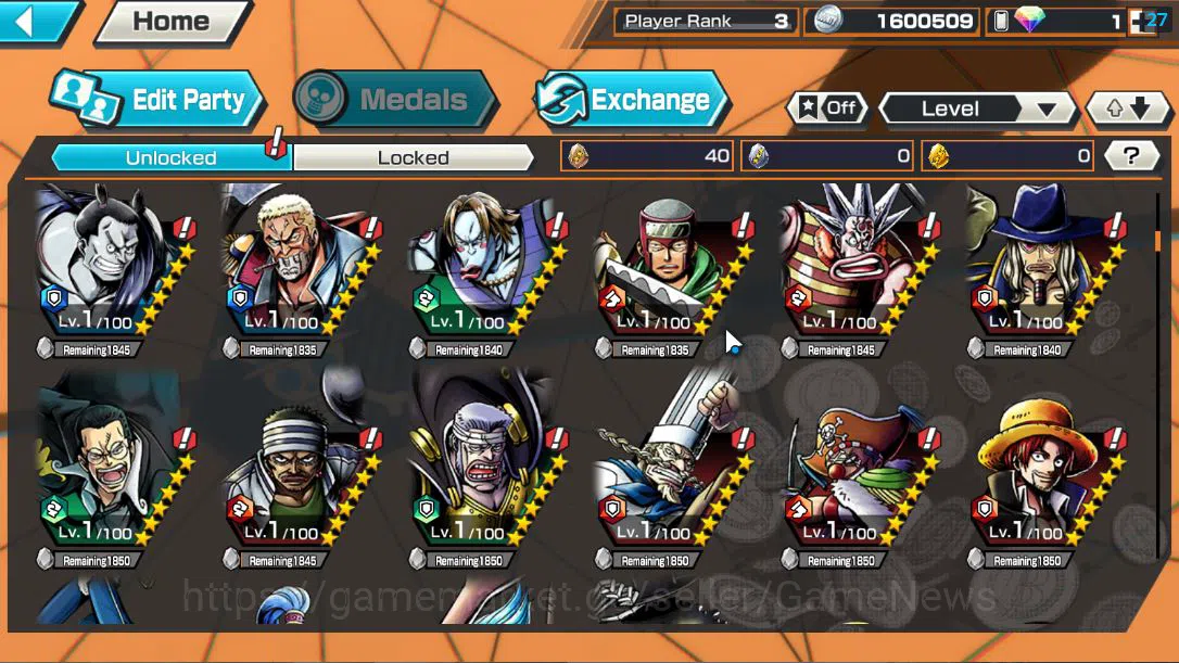 One Piece Bounty Rush Accounts Starter Global|4 EX 1 MAX| FILM RED Shanks,T5E St.Ethanbaron Nusjuro,Divine Departure 7