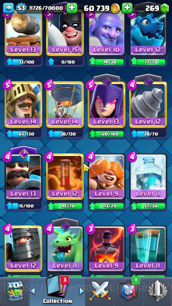 Clash Royale Accounts Midgame Lvl 53|Trophy 8271|KTL 14|Limited Skin|Card 121|8 EVO,8 Champ,21 Legend,33 Epic,30 Rare,29 17