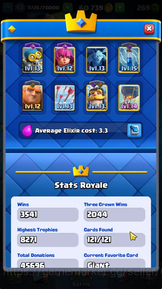 Clash Royale Accounts Midgame Lvl 53|Trophy 8271|KTL 14|Limited Skin|Card 121|8 EVO,8 Champ,21 Legend,33 Epic,30 Rare,29 3