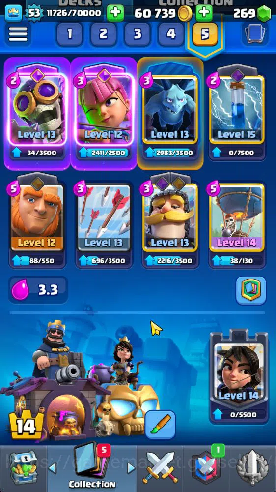 Clash Royale Accounts Midgame Lvl 53|Trophy 8271|KTL 14|Limited Skin|Card 121|8 EVO,8 Champ,21 Legend,33 Epic,30 Rare,29 4