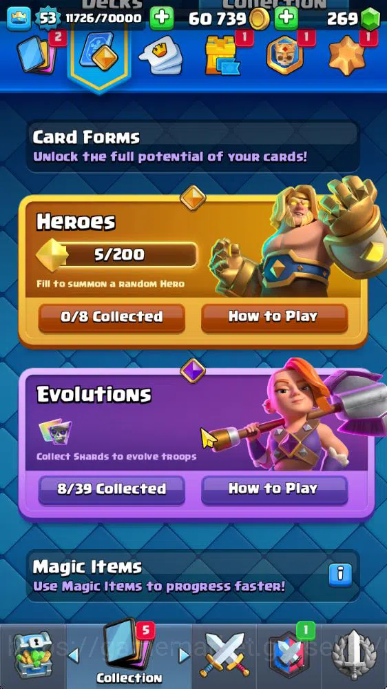 Clash Royale Accounts Midgame Lvl 53|Trophy 8271|KTL 14|Limited Skin|Card 121|8 EVO,8 Champ,21 Legend,33 Epic,30 Rare,29 5