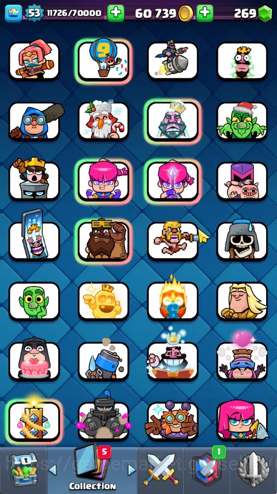 Clash Royale Accounts Midgame Lvl 53|Trophy 8271|KTL 14|Limited Skin|Card 121|8 EVO,8 Champ,21 Legend,33 Epic,30 Rare,29 8