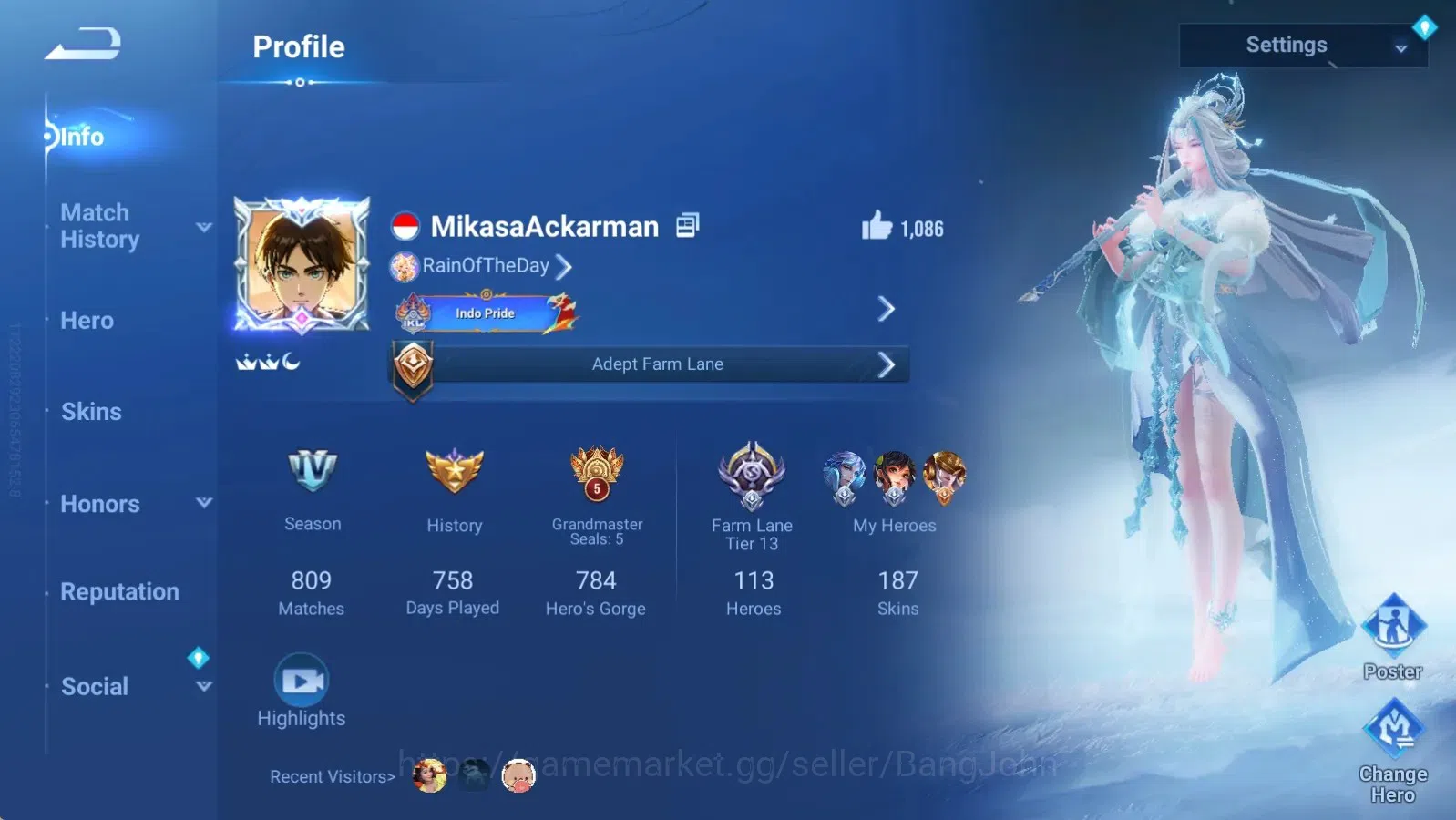 Honor of Kings Accounts Rare Skin Global|113H 187S|KIC Luna|SXD Hou Yi|Legend Lady Sun&Butterfly|ShanHai Yaria|TakeMail 1