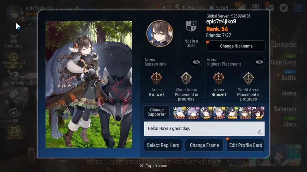 Epic Seven Accounts Starter GLOBAL UnVerif|8 ML (Shephred Dark Diane,Harsetti,etc)+Bellona,Iseria,etc|5,9k SStone+64k 2