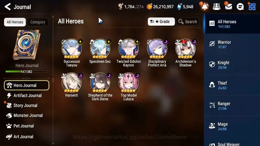 Epic Seven Accounts Starter GLOBAL UnVerif|8 ML (Shephred Dark Diane,Harsetti,etc)+Bellona,Iseria,etc|5,9k SStone+64k 6