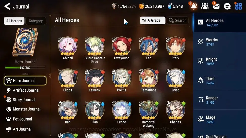 Epic Seven Accounts Starter GLOBAL UnVerif|8 ML (Shephred Dark Diane,Harsetti,etc)+Bellona,Iseria,etc|5,9k SStone+64k 7