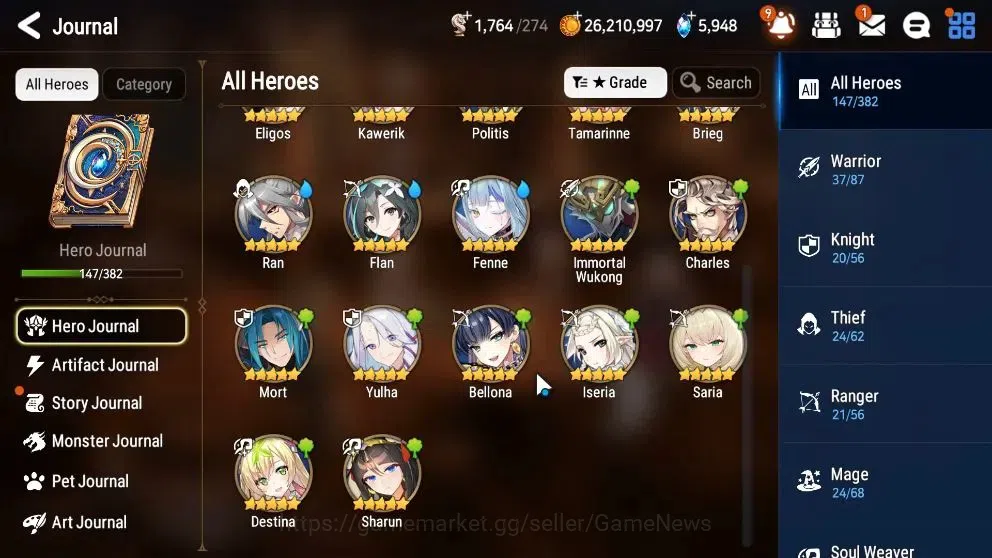 Epic Seven Accounts Starter GLOBAL UnVerif|8 ML (Shephred Dark Diane,Harsetti,etc)+Bellona,Iseria,etc|5,9k SStone+64k 8