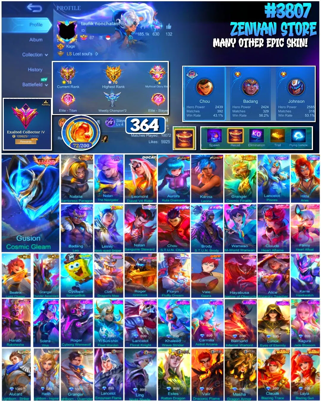 Mobile Legends: Bang Bang Accounts #3807 364 Skins | Legend Gusion | Collector Natali image 1
