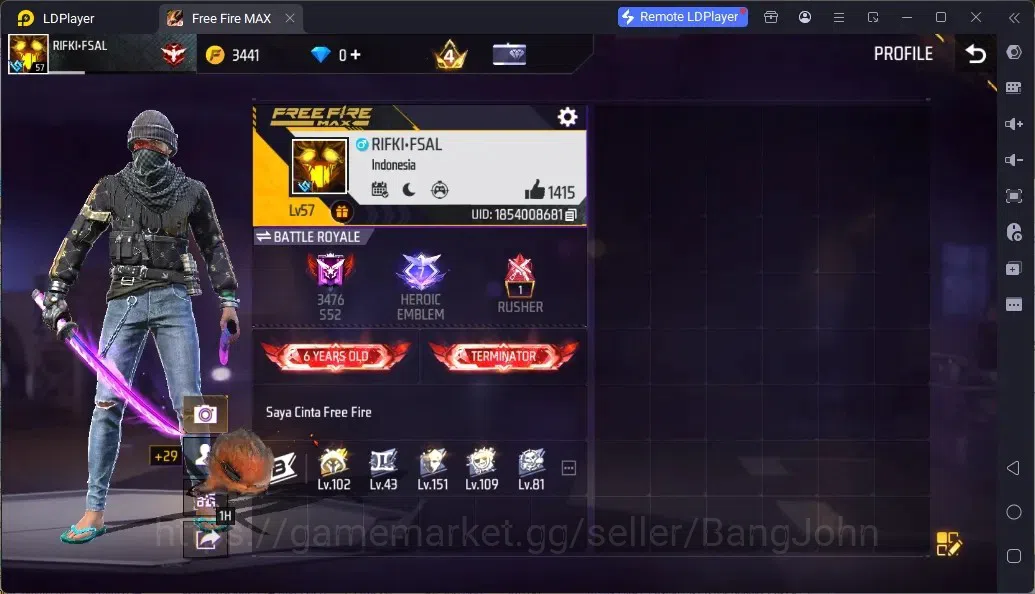 Free Fire Accounts Indonesia | 2 EVO (M4A1-Infernal Draco Lv4, SCAR-Megalodon Alpha Lv6)| M1887- Bunny's Order&Mamba Gnaw 1