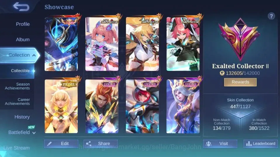 Mobile Legends: Bang Bang Accounts Collector Global|Skin 447|Exalted|Legend Gusion,Aspriant Layla+Lesley+Angela,PRIME 2