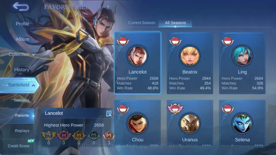 Mobile Legends: Bang Bang Accounts Collector Global|Skin 447|Exalted|Legend Gusion,Aspriant Layla+Lesley+Angela,PRIME 4