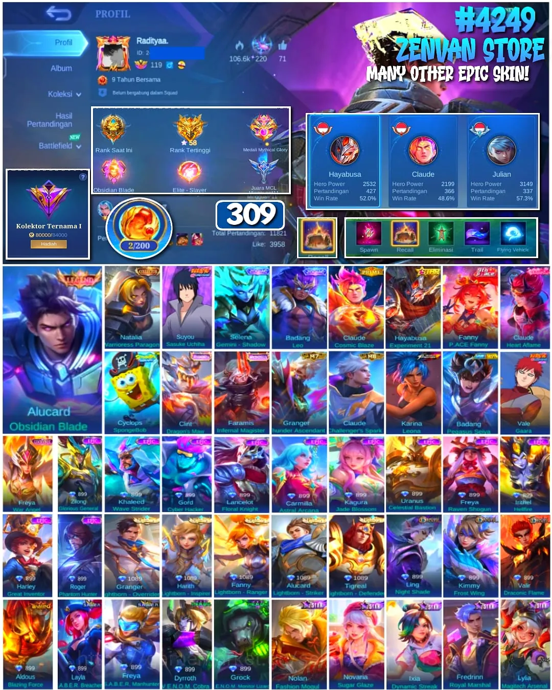 Mobile Legends: Bang Bang Accounts #4249 309 Skins | Alucard Obsidian Blade (Legend) | Suyou Sasuke Uchiha (Naruto) | Vale 1