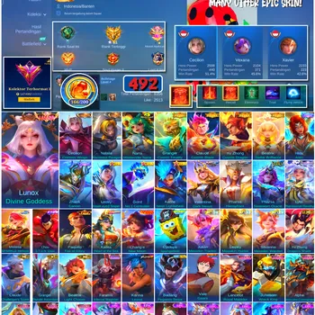 Mobile Legends: Bang Bang Accounts #4467 492 Skins | Lunox Divine Goddess (LEGEND) | Karina Leona (KOF) | Badang Pegasus
