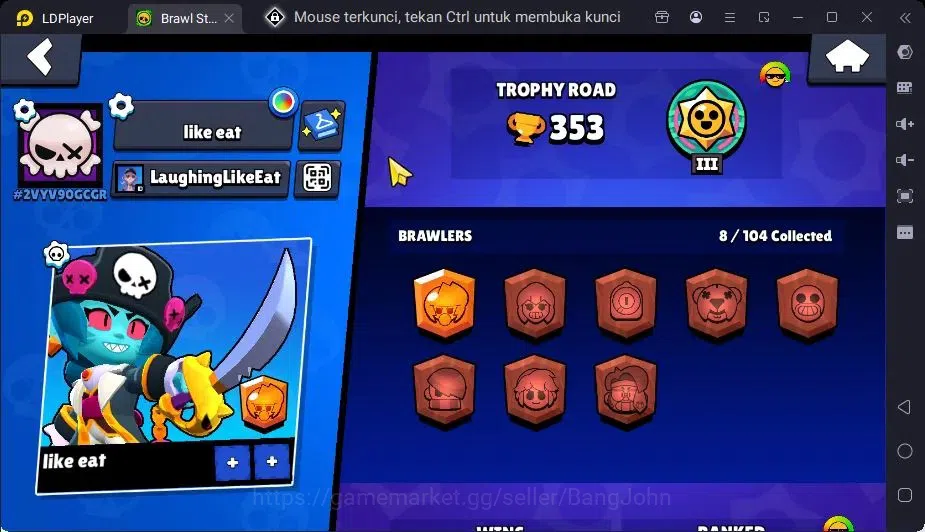 Brawl Stars Accounts Trophy 353|8 Brawler,1 Lv.11(Bibi)|1 Mythic(Otis),2 Epic(Bibi,Shelly) Skin|6318 Bling|Proteck Off 2