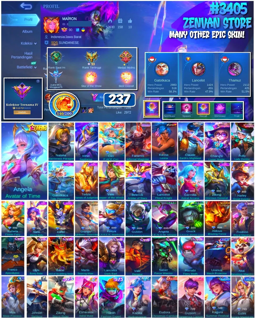 Mobile Legends: Bang Bang Accounts #3405 237 Skins | Collector Natalia | KoF Karina | image 1